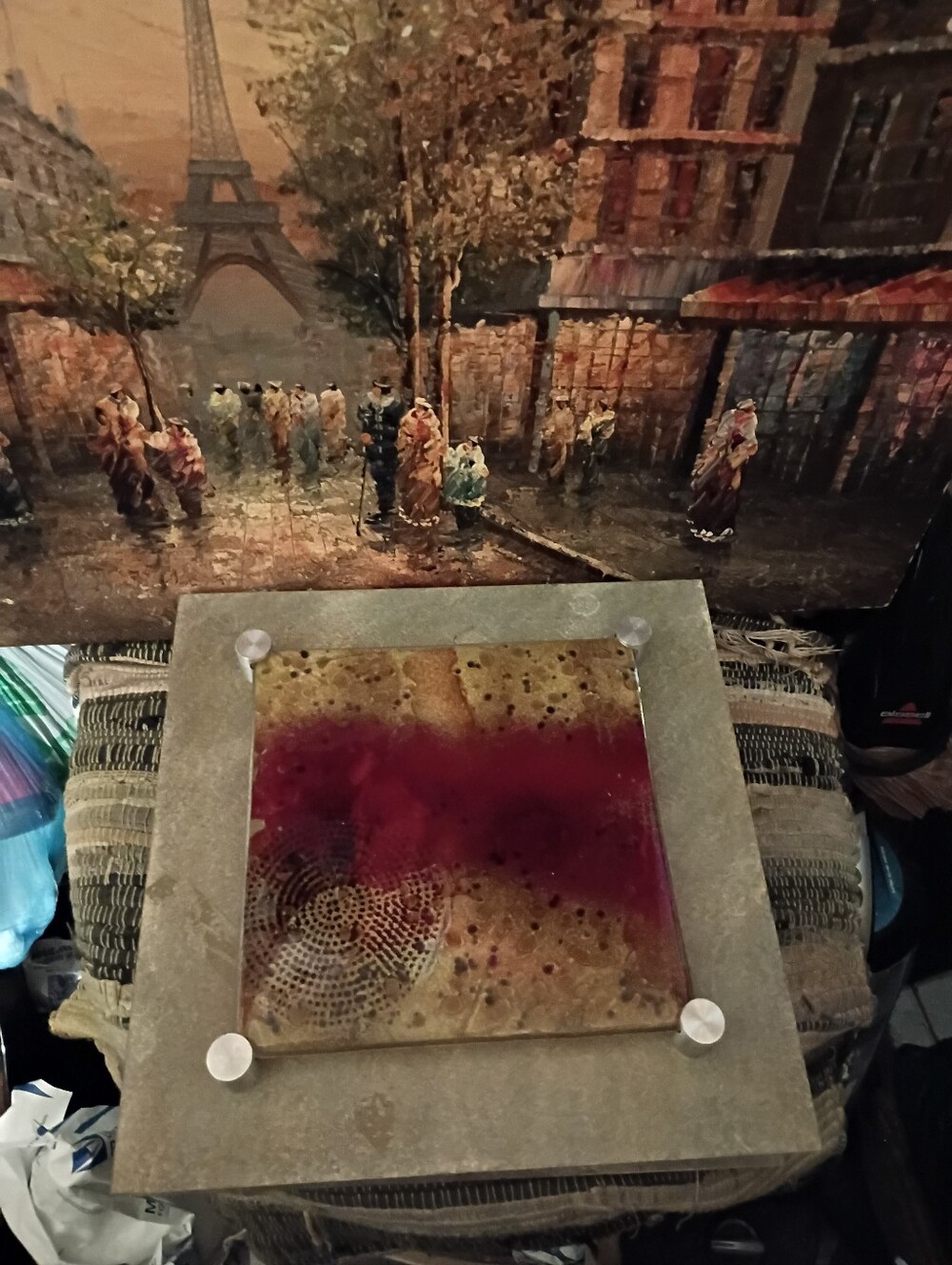Jasmine-Glass + Metal Accent Art Tile in Burgundy and Tan by